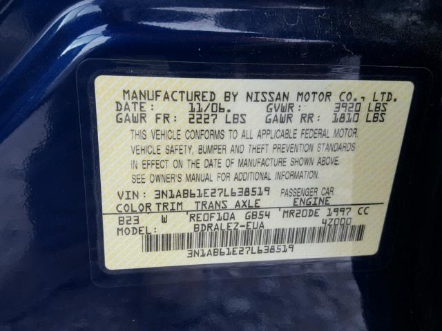 3N1AB61E27L638519 - 2007 NISSAN SENTRA 2.0 BLUE photo 10