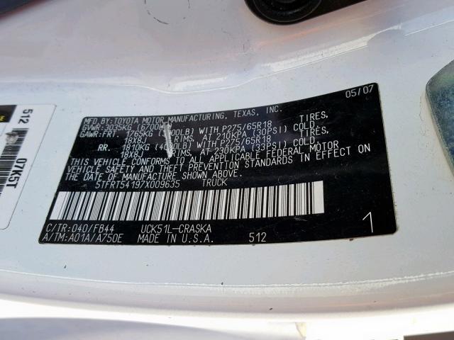 5TFRT54197X009635 - 2007 TOYOTA TUNDRA DOU WHITE photo 10