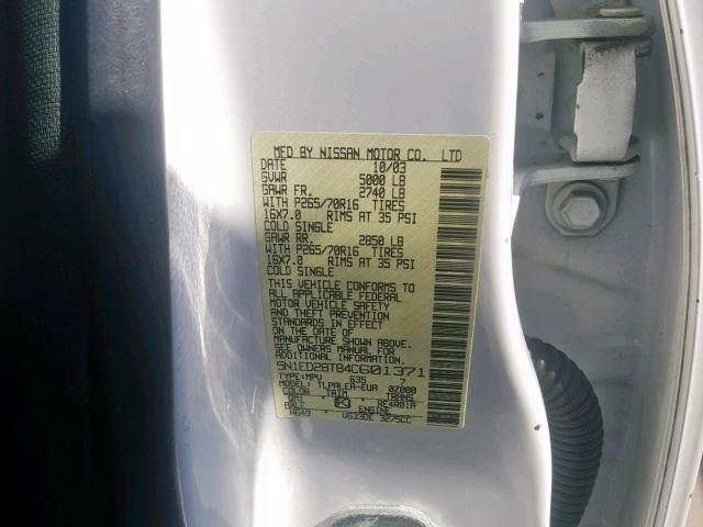 5N1ED28T84C601371 - 2004 NISSAN XTERRA XE WHITE photo 10