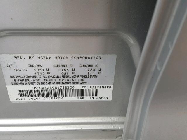 JM1BK323981788309 - 2008 MAZDA 3 S SILVER photo 10