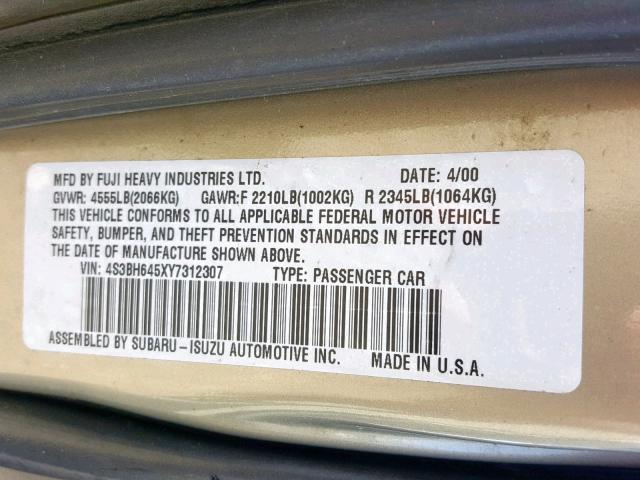 4S3BH645XY7312307 - 2000 SUBARU LEGACY GT GRAY photo 10