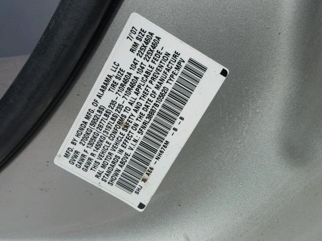 5FNRL38887B105620 - 2007 HONDA ODYSSEY TO SILVER photo 10