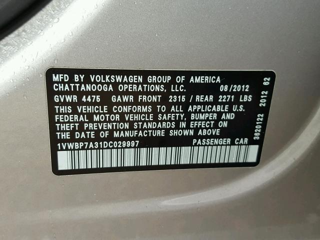 1VWBP7A31DC029997 - 2013 VOLKSWAGEN PASSAT SE SILVER photo 10