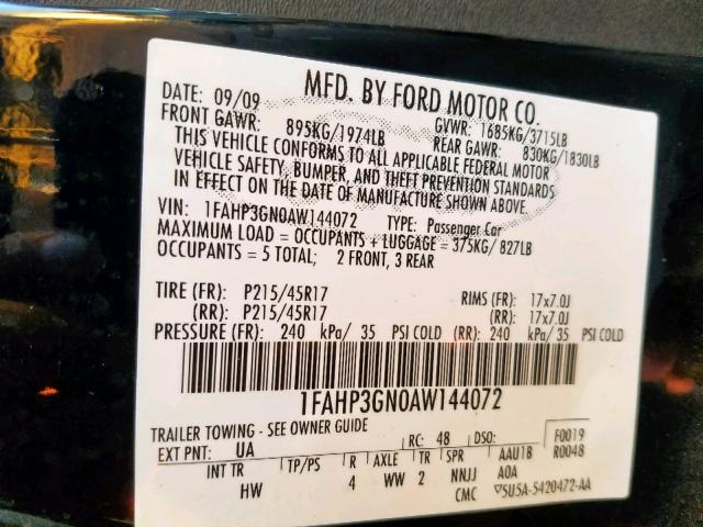 1FAHP3GN0AW144072 - 2010 FORD FOCUS SES BLACK photo 10