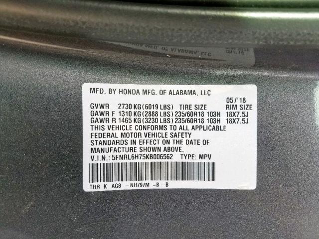 5FNRL6H75KB006562 - 2019 HONDA ODYSSEY EX BLUE photo 10