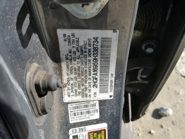 2HGFA16959H338734 - 2009 HONDA CIVIC EXL ნაცრისფერი ფოტო 10