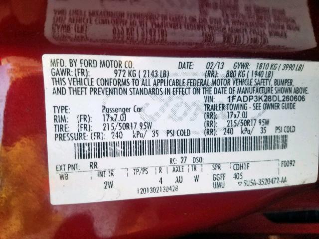 1FADP3K28DL260606 - 2013 FORD FOCUS SE RED photo 10