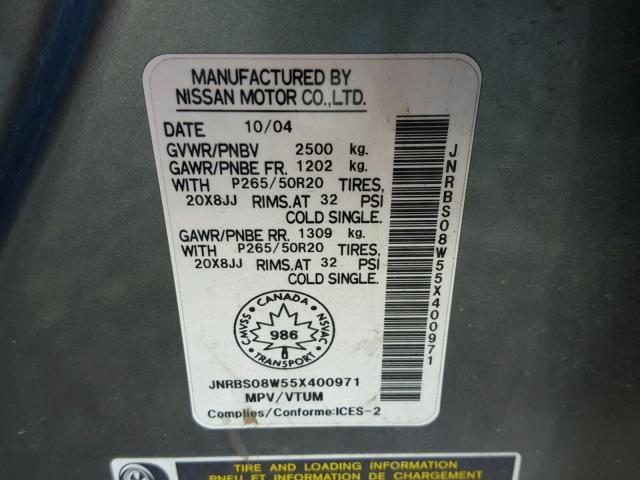 JNRBS08W55X400971 - 2005 INFINITI FX45 GRAY photo 10