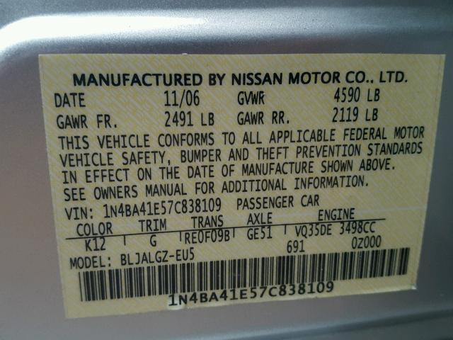 1N4BA41E57C838109 - 2007 NISSAN MAXIMA SE SILVER photo 10