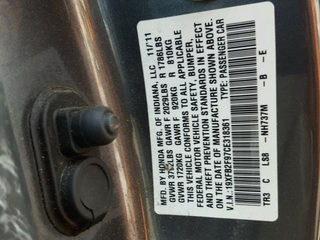 19XFB2F97CE318361 - 2012 HONDA CIVIC EXL 石墨色 照片 10