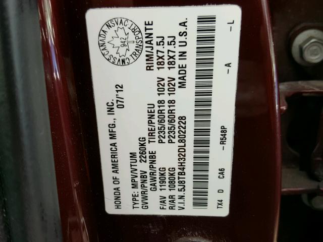 5J8TB4H32DL802228 - 2013 ACURA RDX BASE BURGUNDY photo 10