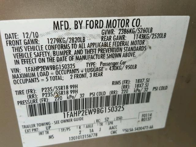 1FAHP2EW9BG150325 - 2011 FORD TAURUS SEL GOLD photo 10