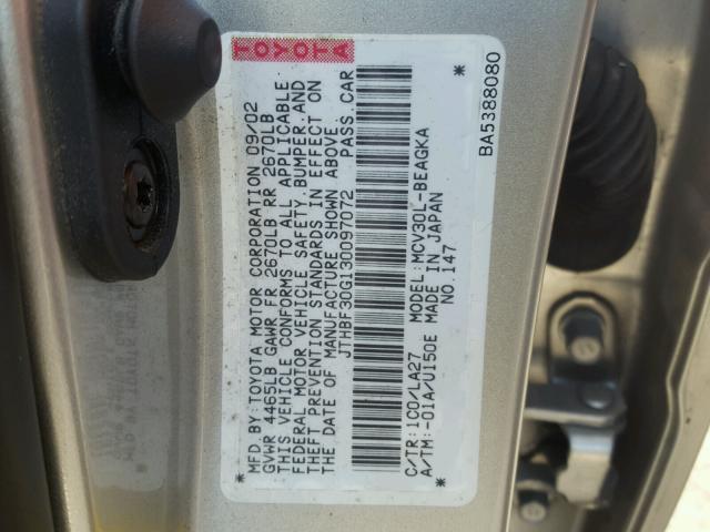 JTHBF30G130097072 - 2003 LEXUS ES 300 SILVER photo 10