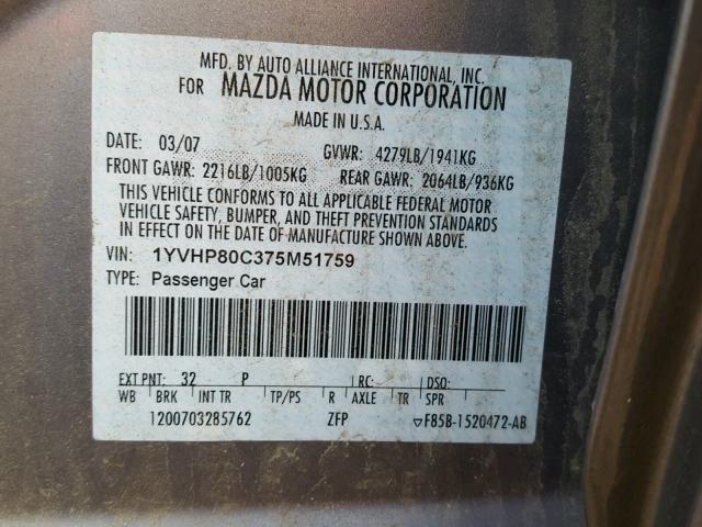 1YVHP80C375M51759 - 2007 MAZDA 6 I CHARCOAL photo 10