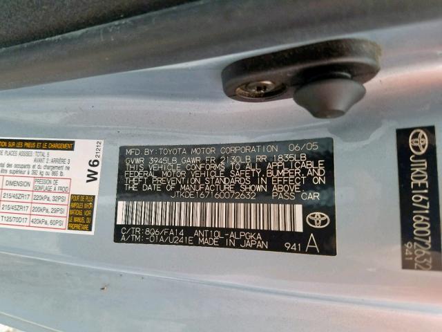 JTKDE167160072632 - 2006 TOYOTA SCION TC ლურჯი ფოტო 10