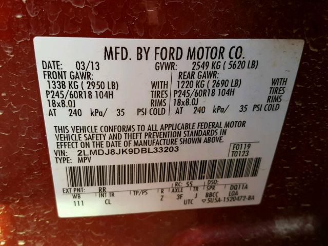 2LMDJ8JK9DBL33203 - 2013 LINCOLN MKX RED photo 10