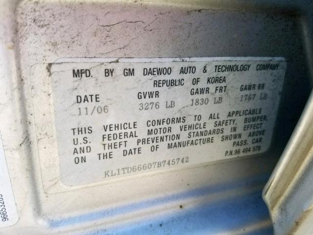 KL1TD66607B745742 - 2007 CHEVROLET AVEO BASE Күміс фото 10