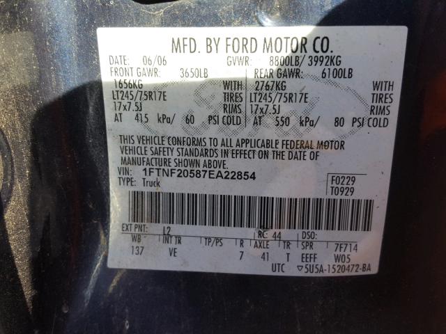 1FTNF20587EA22854 - 2007 FORD F250 SUPER BLUE photo 10