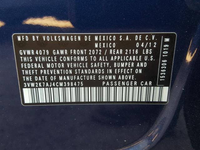3VW2K7AJ4CM398475 - 2012 VOLKSWAGEN JETTA BASE Կապույտ լուսանկար 10