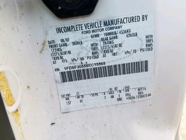 1FDSF30558EC15565 - 2008 FORD F350 SRW S WHITE photo 10