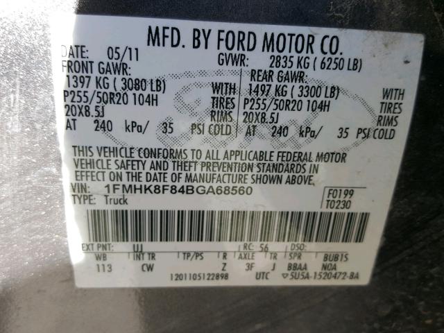 1FMHK8F84BGA68560 - 2011 FORD EXPLORER L GRAY photo 10