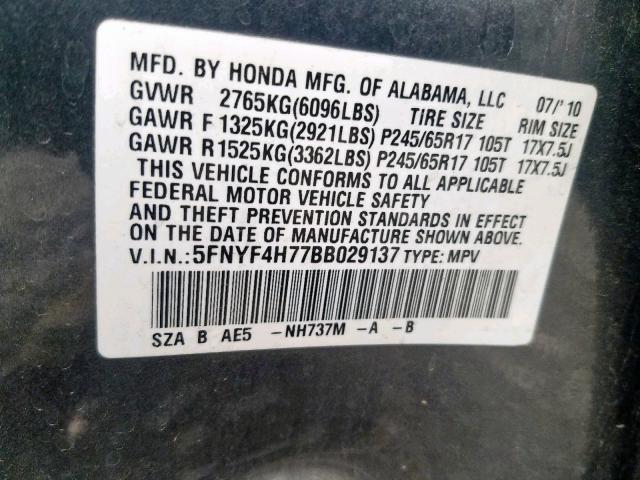 5FNYF4H77BB029137 - 2011 HONDA PILOT EXLN GRAY photo 10