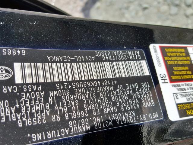 4T1BE46K69U851215 - 2009 TOYOTA CAMRY BASE BLACK photo 10