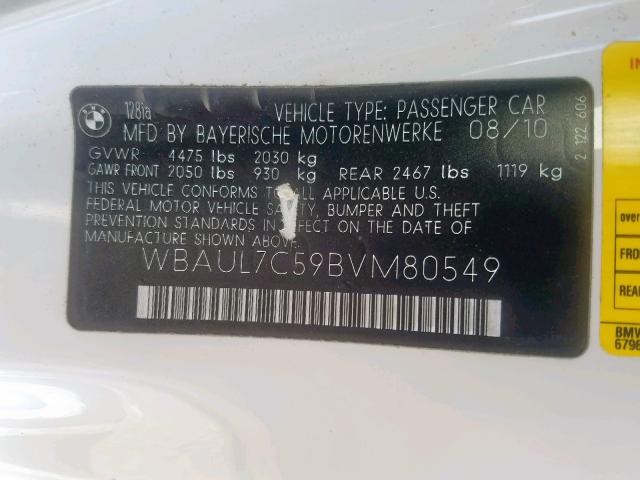 WBAUL7C59BVM80549 - 2011 BMW 128 I WHITE photo 10