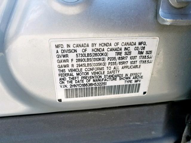 2HNYD18636H532251 - 2006 ACURA MDX TOURIN SILVER photo 10