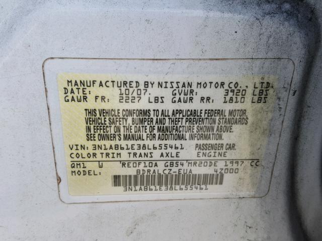 3N1AB61E38L655461 - 2008 NISSAN SENTRA 2.0 WHITE photo 10