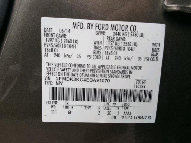 2FMDK3KC4EBA91070 - 2014 FORD EDGE LIMIT TEAL photo 10