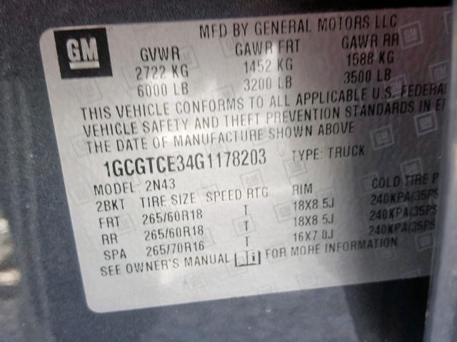 1GCGTCE34G1178203 - 2016 CHEVROLET COLORADO L GRAY photo 10