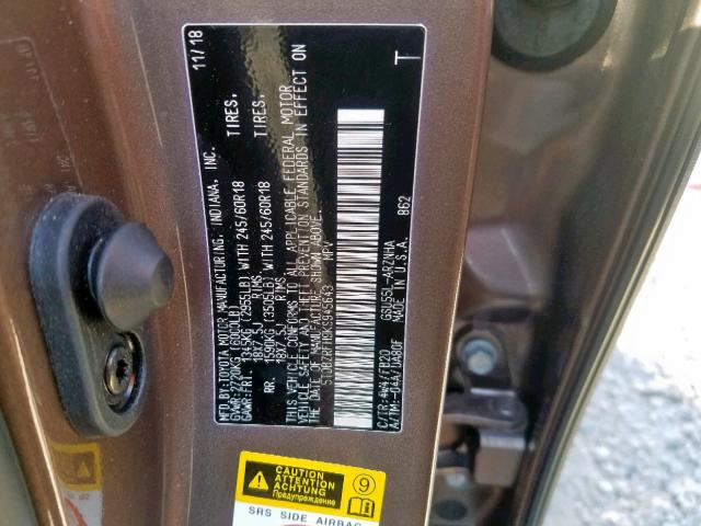 5TDBZRFH9KS945643 - 2019 TOYOTA HIGHLANDER BROWN photo 10