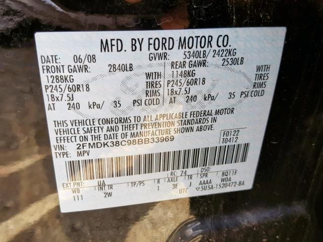 2FMDK38C98BB33969 - 2008 FORD EDGE SEL BLACK photo 10