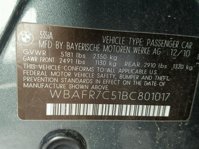 WBAFR7C51BC801017 - 2011 BMW 535 I GREEN photo 10