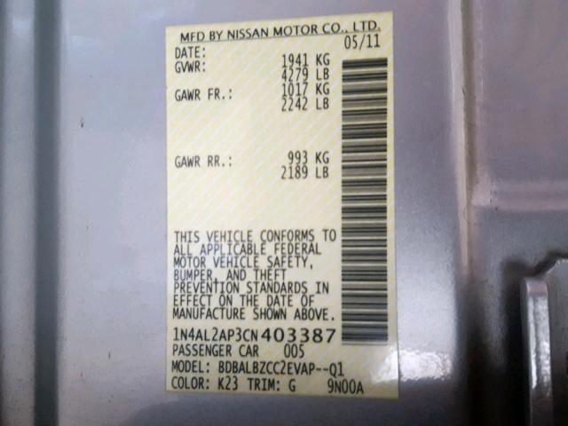 1N4AL2AP3CN403387 - 2012 NISSAN ALTIMA BAS SILVER photo 10