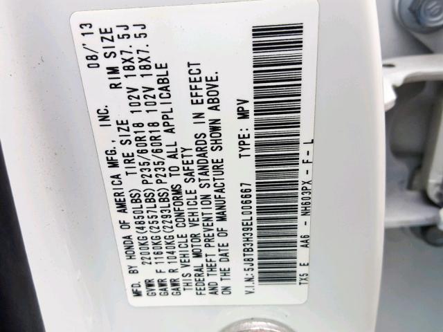 5J8TB3H39EL006667 - 2014 ACURA RDX WHITE photo 10