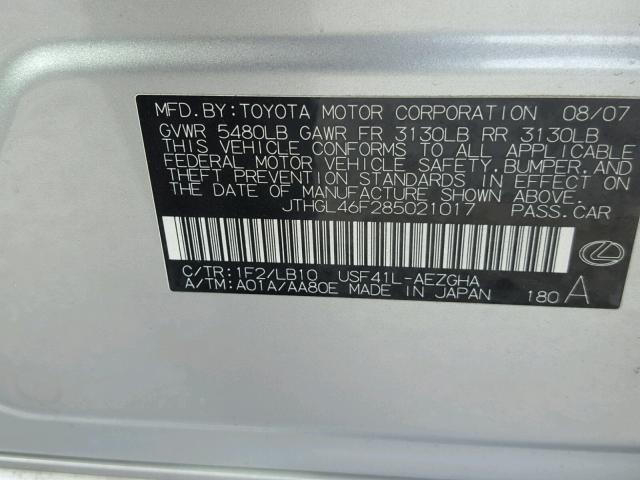 JTHGL46F285021017 - 2008 LEXUS LS 460L SILVER photo 10