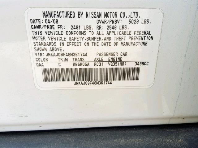 JNKAJ09F48M361744 - 2008 INFINITI EX35 BASE WHITE photo 10