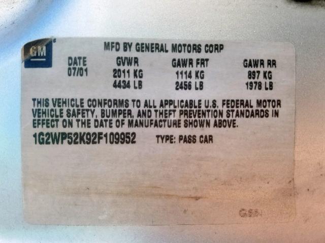 1G2WP52K92F109952 - 2002 PONTIAC GRAND PRIX SILVER photo 10