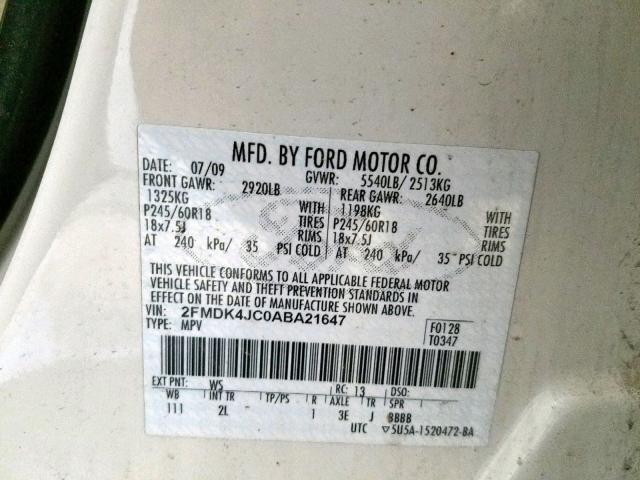 2FMDK4JC0ABA21647 - 2010 FORD EDGE SEL WHITE photo 10