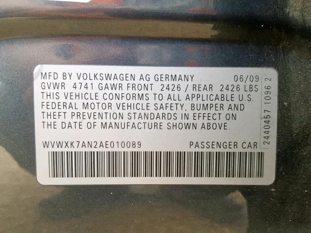 WVWXK7AN2AE010089 - 2010 VOLKSWAGEN PASSAT KOM GRAY photo 10