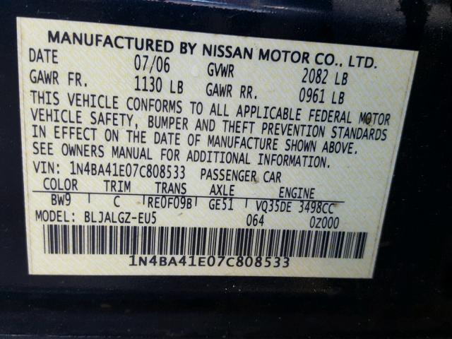 1N4BA41E07C808533 - 2007 NISSAN MAXIMA SE BLUE photo 10