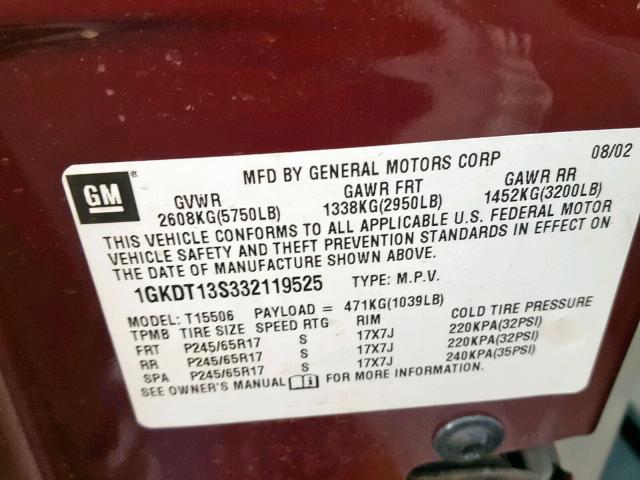 1GKDT13S332119525 - 2003 GMC ENVOY MAROON photo 10