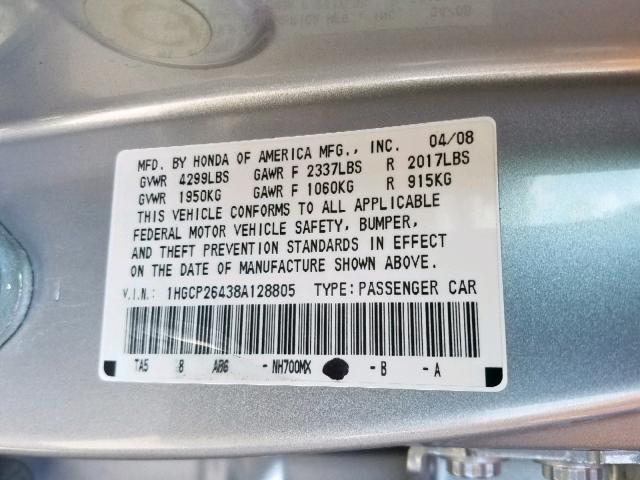 1HGCP26438A128805 - 2008 HONDA ACCORD LXP SILVER photo 10