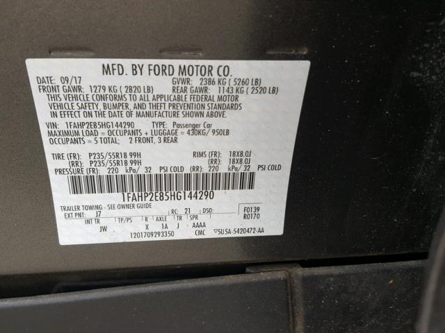 1FAHP2E85HG144290 - 2017 FORD TAURUS SEL GRAY photo 10