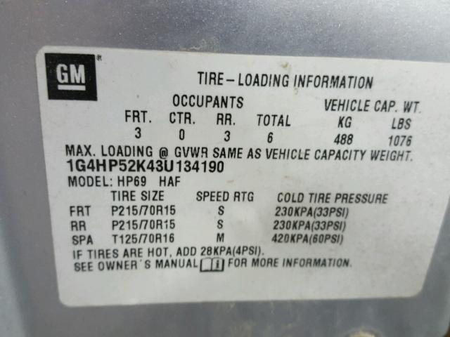 1G4HP52K43U134190 - 2003 BUICK LESABRE CU SILVER photo 10