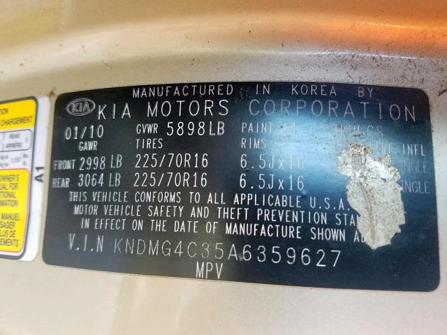 KNDMG4C35A6359627 - 2010 KIA SEDONA LX GOLD photo 10