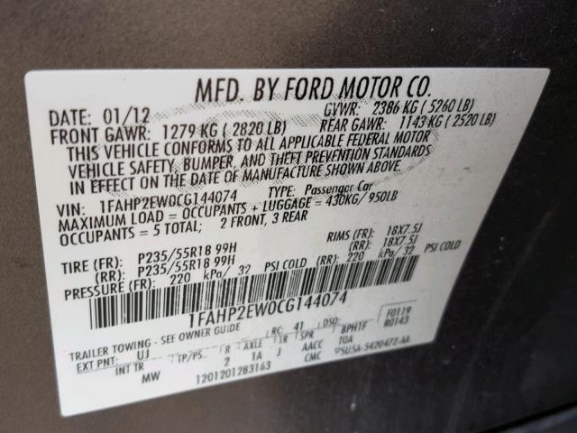 1FAHP2EW0CG144074 - 2012 FORD TAURUS SEL GRAY photo 10