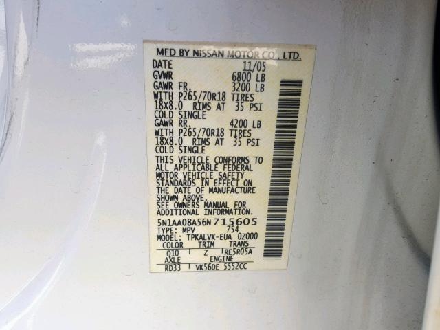 5N1AA08A56N715605 - 2006 NISSAN ARMADA SE WHITE photo 10